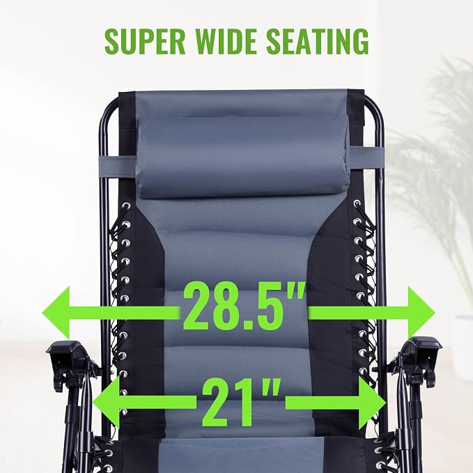 Backyard Expressions Deluxe XL Padded Recliner Zero Gravity Chair – Ergonomic Anti-Gravity Lounger with Folding Design, Side Tray, and Adjustable Headrest