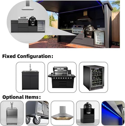 Integrated Modular Outdoor Kitchen Island, BBQ Cooking Station with Extra Side Burner & Beverage Fridge, Weather Resistant Outdoor Grill Unit for Winery, Restaurant Outdoor Dining & Family Gathering