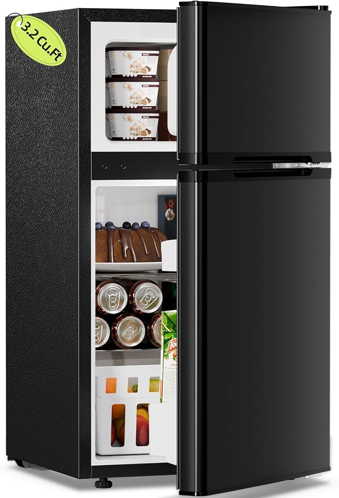 Kismile 3.2 Cu.Ft Mini Fridge with Freezer, 2 Door Dorm Refrigerator Black | Adjustable Thermostat, Removable Shelves, Food & Beverage Storage, Dorm Mini Fridge for Bedroom/ Office/ College/ Apartment
