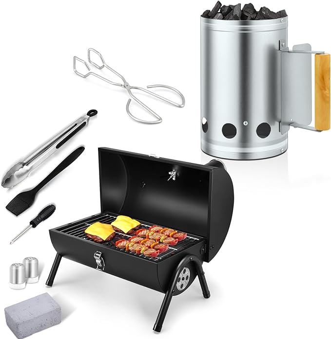Joyfair Portable Charcoal Grill Set & Charcoal Chimney Starter, Small Tabletop Barbecue Grill with Accessories Tools for Outdoor Camping BBQ Grilling Backyard Party Cooking, Heavy Duty