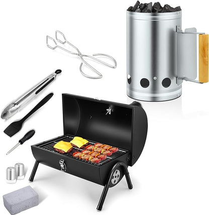 Joyfair Portable Charcoal Grill Set & Charcoal Chimney Starter, Small Tabletop Barbecue Grill with Accessories Tools for Outdoor Camping BBQ Grilling Backyard Party Cooking, Heavy Duty