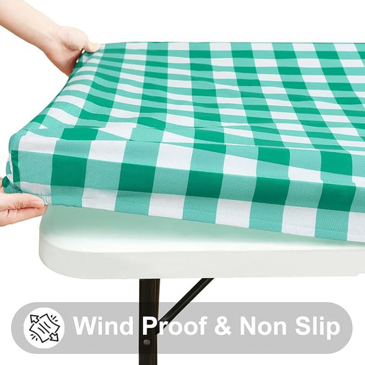 Smiry Rectangle Picnic Table Cloth, Elastic Waterproof Fitted Vinyl Tablecloths, Flannel Backed Buffalo Plaid Table Covers for Dining, Camping, Outdoor (White and Green, 30" x 72")