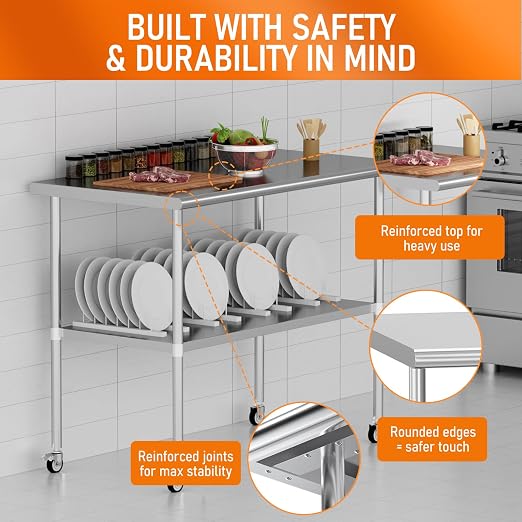 Stainless Steel Table with Wheels 24" x 48" Utility Worktable with Adjustable Undershelf for Commercial Kitchen, Garage, Restaurant