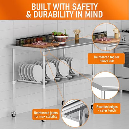 Stainless Steel Table with Wheels 24" x 48" Utility Worktable with Adjustable Undershelf for Commercial Kitchen, Garage, Restaurant
