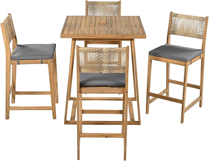 Christopher Knight Home Barron 5-Piece Acacia Wood Patio Bar Set, Patio Bar Table and Stools Set, Soft Seat Cushions, Rattan/Wicker Dining Set for Garden, Backyard, Poolside, Balcony,Teak + Dark Gray