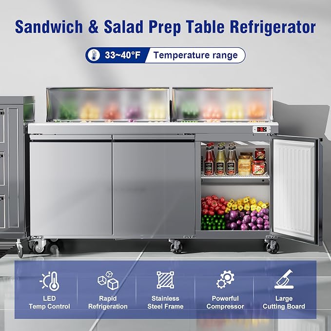 72" W Commercial Sandwich Salad Prep Table Refrigerator, Stainless Steel Refrigerated Salad Bar Food Prep Station with 18 Pan, Cutting Board, Ajustable Shelves for Restaurant, Food Truck, Buffet