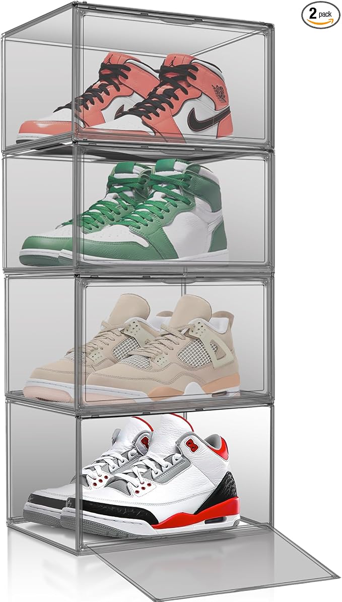 2 Pack Black Acrylic Shoe Boxes, Space-Saving Everyday Sneaker Storage | Size 12, SPACE-SAVING STACKABLE DESIGN – Build upward to organize shoes while using less closet, shelf or floor space.