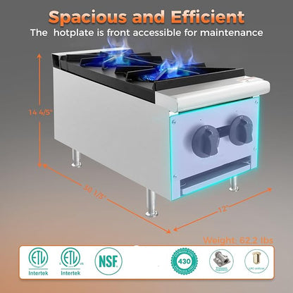 Commercial Hot Plate,Countertop Restaurant Kitchen Stove,NG LP Convertible Supply,Independent Controls,Cast Iron Grates,Standing Pilot Ignition,Adjustable Legs,Removable Waste Tray (Silver,2 Burner)