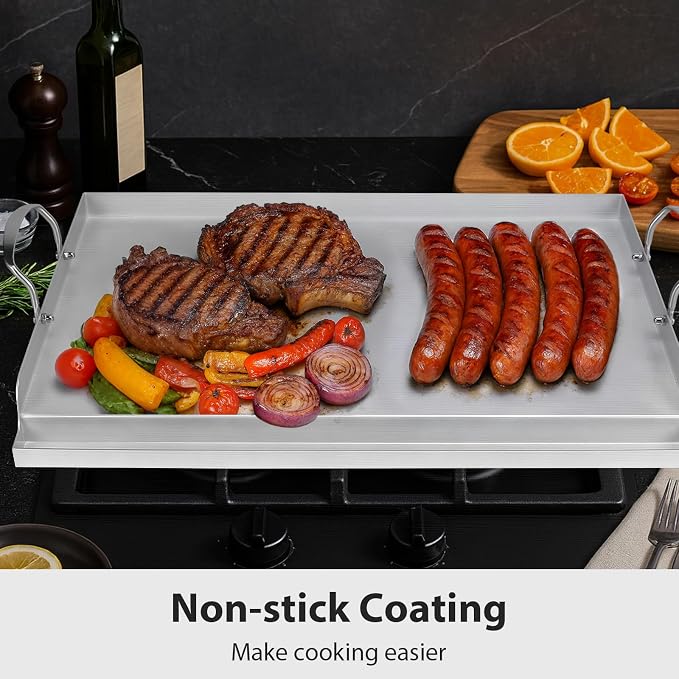 Utheer Safer Ceramic Nonstick Stainless Steel Griddle, PFAS/PFOA/PTFE-Free | BBQ camping and stovetop cooking, ceramic surface releases food, 25 x 16 plate works on grill oven and cooktop