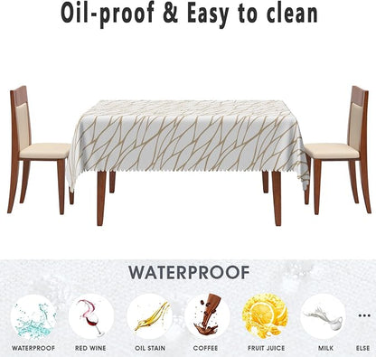 Brown and White Geometric Fabric Waterproof Tablecloth 70x140 Inch Abstract Irregular Stripes Tablecloths Dining Table Cloth Buffet Parties Patio and Camping Chic Decoration for Home Kitchen