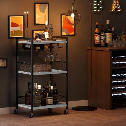 TUTOTAK Bar Cart with Wheels, Mini Drink Cart with Wine Rack & Glass Holder | 3-Tier 17 Inch Wide Home Bar Serving Carts, Small Mobile Kitchen Shelf with 6 Hooks, Marble White BC01BM035