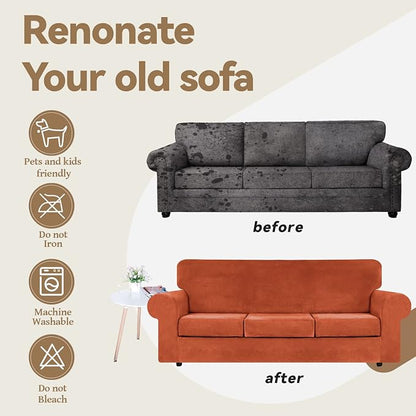 WEERRW 4 Pieces Couch Cover for Sofa Velvet Sofa Covers Washable, Pumpkin | Sofa Covers for 3 Cushion Couch Furniture Protector Sofa Slipcovers with Non Slip Elastic Bottom, Pet Friendly, Large