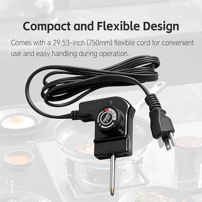 Electric Skillet Cord Replacemen for Masterbuilt,Hamilton Beach,Chefman,Presto,Cuisinart Fondue Pot,15A/125V Adjustable Thermostat Probe Cord,Thermostat Control for Grill/Griddle/Smoker/Fryers