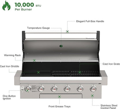 Brand-Man Propane Gas Grill, 40-Inch 6-Burner Built-In Head BBQ Island Outdoor Kitchen, Natural Gas Convertible, Heavy Duty 304 Stainless Steel, 60,000BTUs