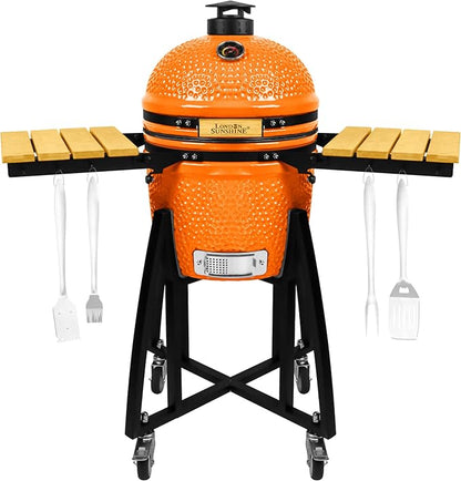 London Sunshine 15-inch Ceramic Kamado Charcoal BBQ Grill & Smoker with Locking Casters, Foldable Side Shelves, Stainless Steel Grates, and Tall Stand (Orange)