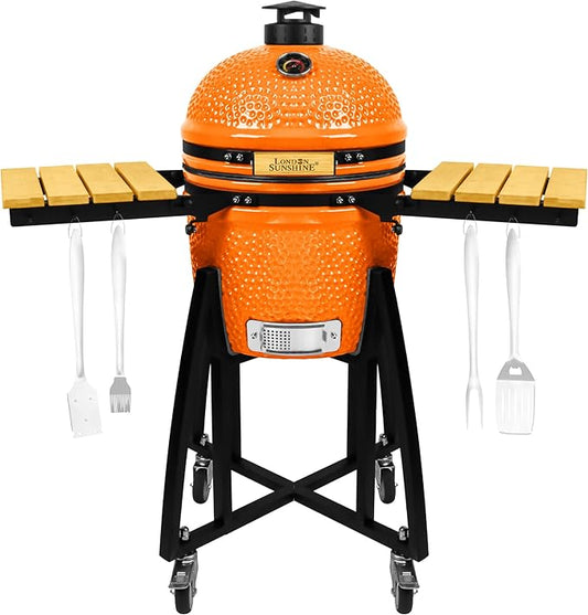 London Sunshine 15-inch Ceramic Kamado Charcoal BBQ Grill & Smoker with Locking Casters, Foldable Side Shelves, Stainless Steel Grates, and Tall Stand (Orange)