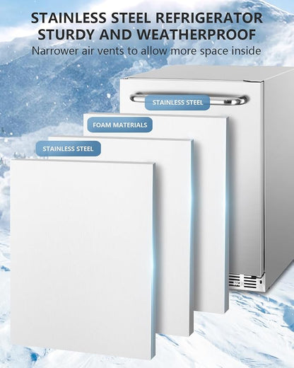 HCK Outdoor Refrigerator 24 Inch, Undercounter Refrigerators with Stainless Steel Door, 161 Can Beverage Fridge for Home Bar, Kitchen, Patio, Outdoor, Commercial Use