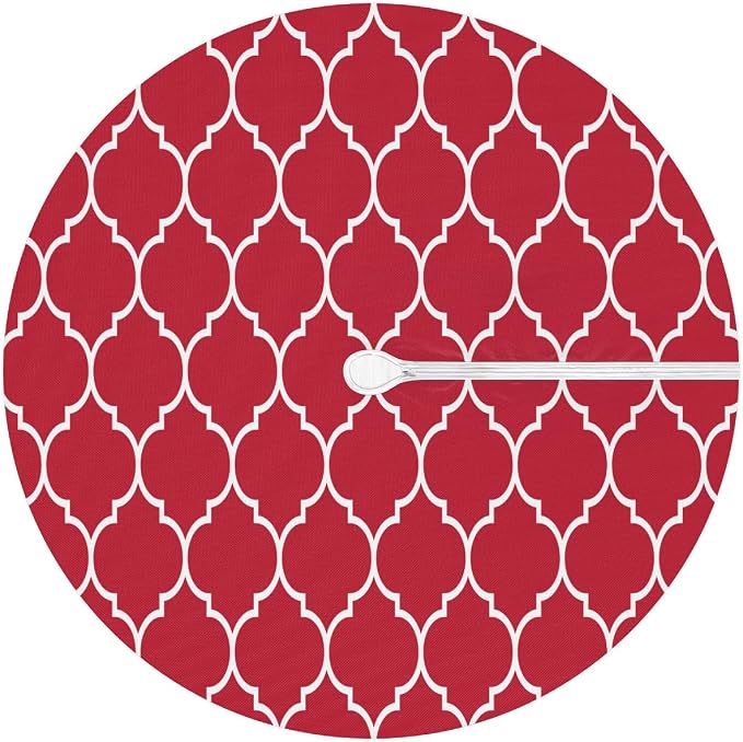 Round Tablecloth with Umbrella Hole and Zipper Moroccan Pattern Outdoor Elastic Fitted Table Cloth 36"-44" Oil-Proof Waterproof Burgundy Red Patio Table Cover for Picnic Party