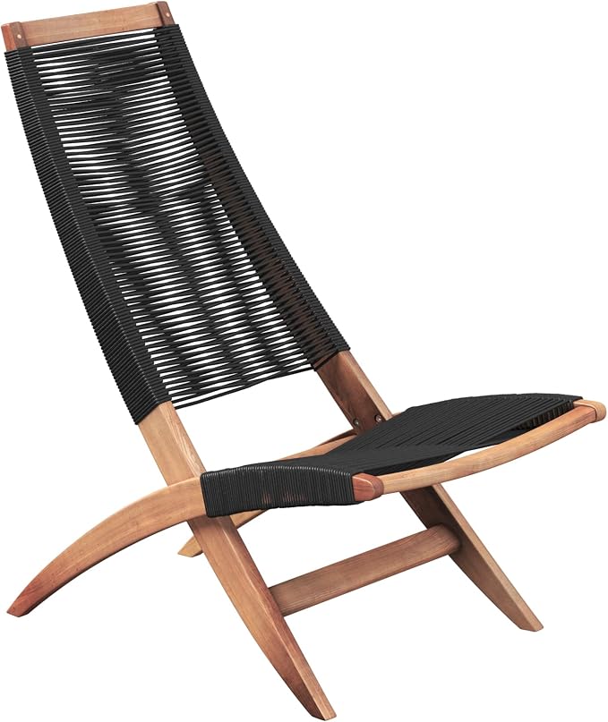 Lisa Mid Century Acacia Outdoor Lounge Chair, Black Cording | Quick Dry Cording Suspension Seat and Back, 330 lb Capacity, Low 13.5 in Seat, for Patio, Balcony, Poolside 68095
