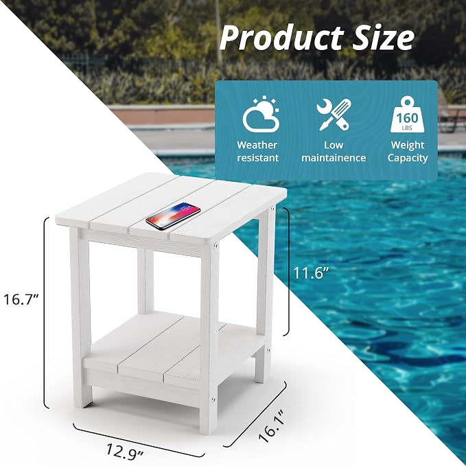 LUE BONA Outdoor Side Table, 2-Tier HDPS Small Patio Table, White | 2-Tier Shelf for Extra Storage, Small End Table for Pool, Porch, Balcony, Weather Resistant HDPS, Easy Clean