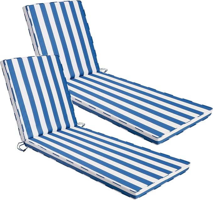 Chaise Lounge Cushions Outdoor Set of 2, 72"x22"x3" Patio Lounge Chair Furniture Cushions with Washable Covers for Pool, Patio, Lawn (Sky Blue+White Stripes, 2 Pcs)