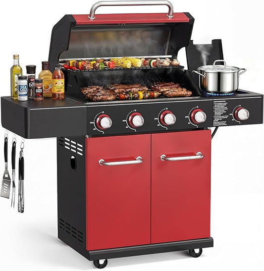 HUGROVE 4-Burner Liquid Propane Gas Grill with Clear-View Window, 56,000 BTU Outdoor BBQ Grilling Station with Side Burner, 677 sq.in Grill with Cast Iron Grates for Backyard Party (Black Red)