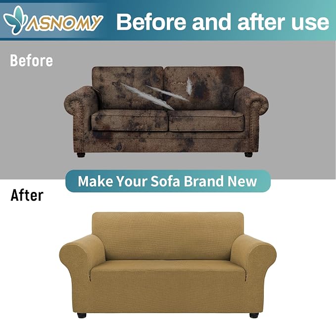 Asnomy Stretch Couch Covers Washable, loveseat Cover Slipcovers,Light Brown | 1-Piece Sofa Cover(55"-78") loveseat cover Furniture Protector Soft Jacquard,Non-Slip Elastic Bottom for Dogs & Kids