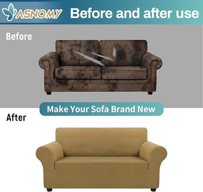 Asnomy Stretch Couch Covers Washable, loveseat Cover Slipcovers,Light Brown | 1-Piece Sofa Cover(55"-78") loveseat cover Furniture Protector Soft Jacquard,Non-Slip Elastic Bottom for Dogs & Kids