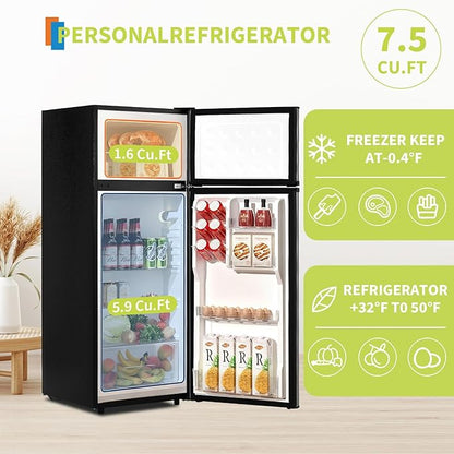 PioneerWorks 7.5 Cu. Ft. Compact Refrigerator | Two Door Mini Fridge with Energy-Efficient & Quiet Operation | for Dorm, Office, Bedroom, Kitchen, Bar Use with Adjustable Shelves