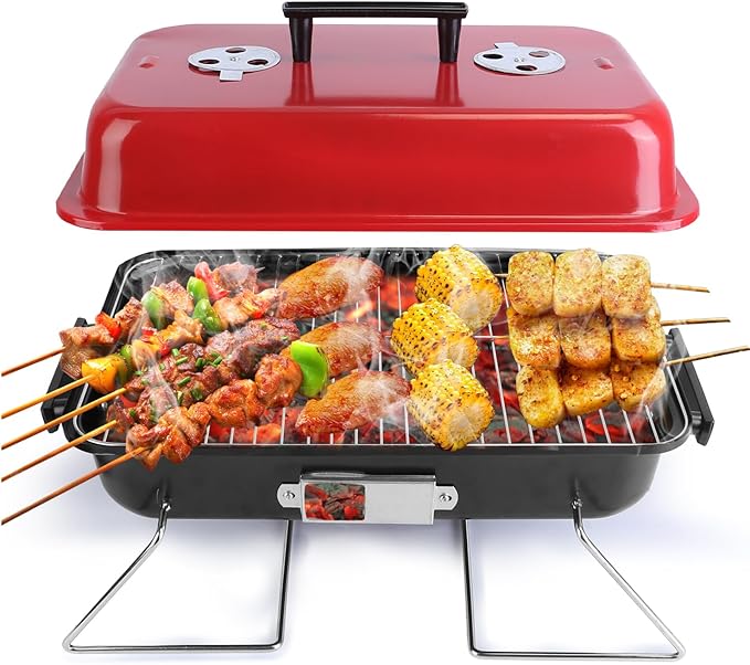 Portable Charcoal Grill, Foldable Tabletop BBQ Smoker, Small Barbecue Grill for Outdoor Cooking Camping Picnics & Travel, Compact & Lightweight, Red