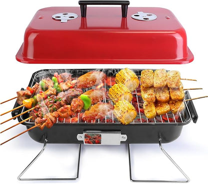 Portable Charcoal Grill, Foldable Tabletop BBQ Smoker, Small Barbecue Grill for Outdoor Cooking Camping Picnics & Travel, Compact & Lightweight, Red