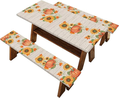 Fall Picnic Table Cover for Outdoor Camping Thanksgiving Pumpkin Sunflower Stripes Elastic Fitted Table Cloth for Camping Party Supplies 3 PCS Set