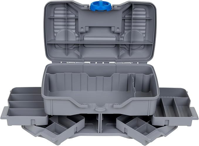 Flambeau Outdoors Next Gen 4/0 Medium Fishing Tackle Box - 4 Pivot Trays, 23 Compartments, Includes 25-piece Tackle Kit, Fishing Tackle and Gear Storage, Fishing Lure Organizer, Light Gray