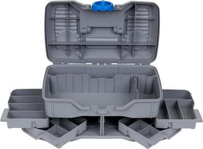 Flambeau Outdoors Next Gen 4/0 Medium Fishing Tackle Box - 4 Pivot Trays, 23 Compartments, Includes 25-piece Tackle Kit, Fishing Tackle and Gear Storage, Fishing Lure Organizer, Light Gray