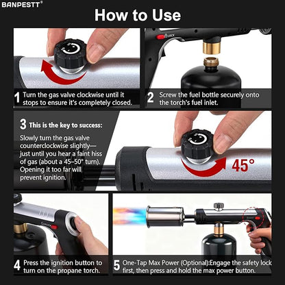 Powerful Propane Torch Gun with One-Tap Max Power & Safety Lock, Adjustable Flame Up to 3,272°F for BBQ, Searing, Camping, Weeding & DIY (Tank Not Included)