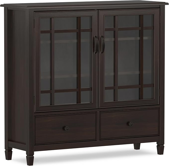 SIMPLIHOME Connaught 46" Solid Wood Tall Cabinet in Dark Chestnut Brown | Traditional tall console cabinet with glass doors, adjustable shelves and drawers for living or dining room storage.
