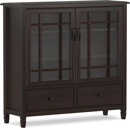 SIMPLIHOME Connaught 46" Solid Wood Tall Cabinet in Dark Chestnut Brown | Traditional tall console cabinet with glass doors, adjustable shelves and drawers for living or dining room storage.