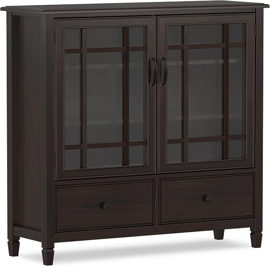 SIMPLIHOME Connaught 46" Solid Wood Tall Cabinet in Dark Chestnut Brown | Traditional tall console cabinet with glass doors, adjustable shelves and drawers for living or dining room storage.