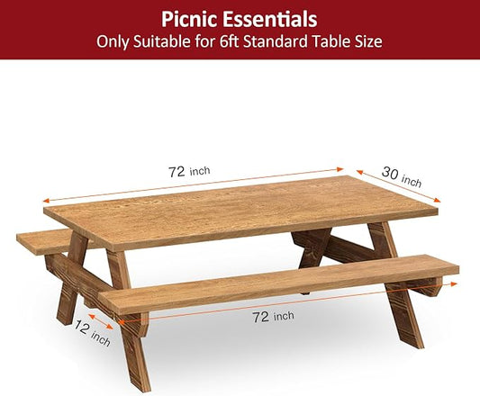 6ft 72in Picnic Table and Bench Cover, 3 Pack, Wood Grain | Drawstring Bag, Waterproof Windproof, Elastic Fitted Edges Tablecloth, for Rectangle Table & Seat, Camping Essentials RV Gear