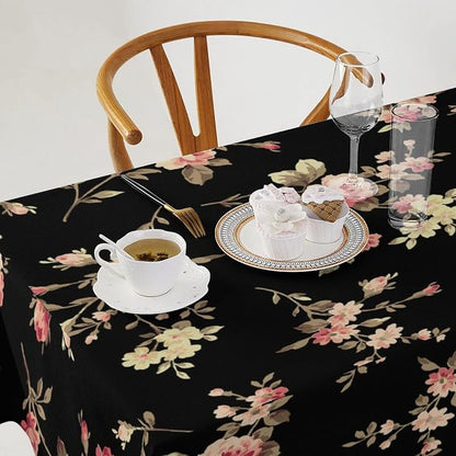 Vintage Flower Tablecloth, Black Pink Garden Florals Rustic Roses Boho Botanical Plant Water Resistant Wipeable Table Cover for Picnic Party Holiday Kitchen Dinner Table 60"x90"