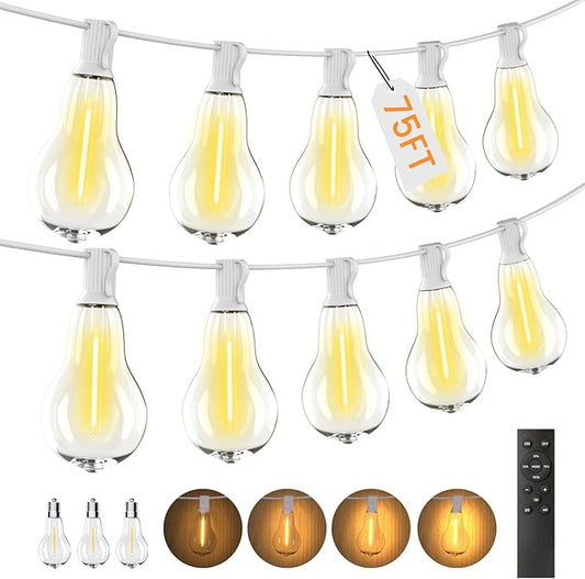Outdoor String Lights 75FT LED Patio Lights 53 Plastic Edison Bulbs (3 Spare) with Remote Waterproof Patio Lights, Dimmable Outside Hanging Light Connectable for Porch Backyard, White