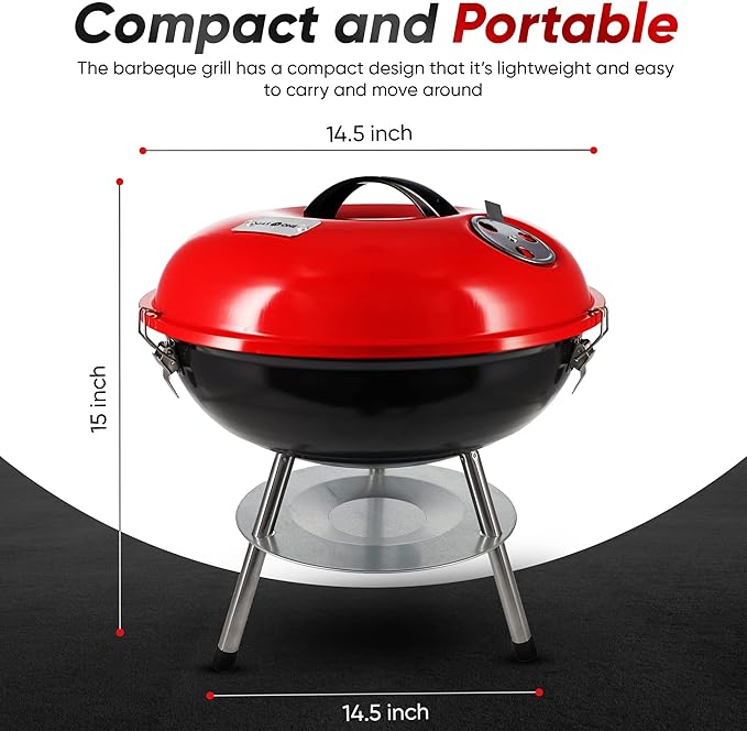 Gas One – 14-inch Portable Barbecue Grill with 3-Point Locking Lid for Heat Preservation – Dual Venting System – Small Charcoal Grill for Backyard, Camping & Cuisinart CGS-W13 Wooden Handle Tool Set