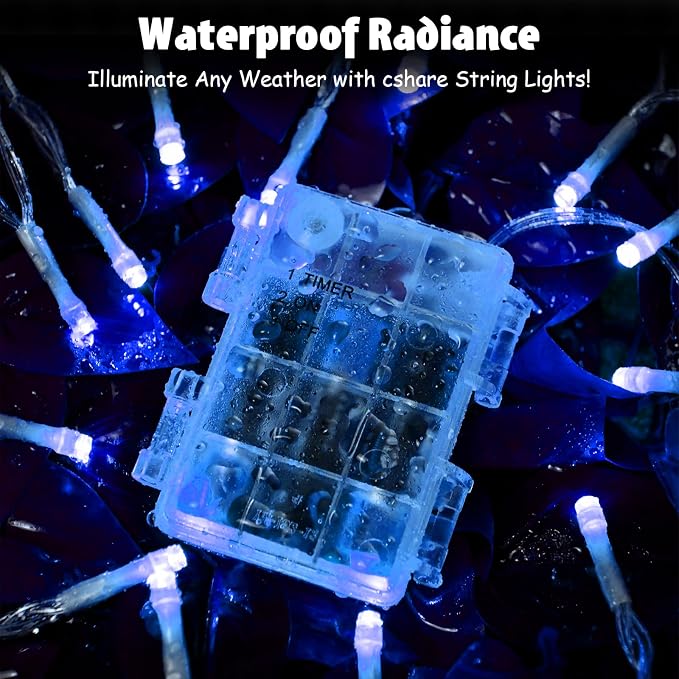 cshare String Lights Outdoor Waterproof 9.8ft 30 LED, Blue Fairy Lights Battery Operated with Timer Clear Wire for Indoor & Outdoor Christmas Halloween Decorations Garland Party Garden