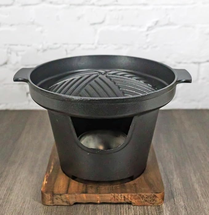 Ebros Gift Japanese Cuisine Portable Tabletop BBQ Yakiniku Grill Aluminum Cooking Stove With Comal Griddle And Wooden Trivet Base For Yakitori Hibachi Robata Personal Sized