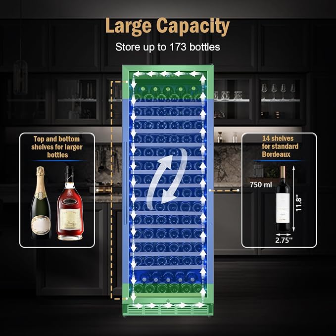 24" 173-Bottle Freestanding Wine Cooler, Low Noise with Sliding Shelves | Tall design, Compressor fast cooling, Low noise, Reversible door, Digital temp display, Black finish, Home or commercial use