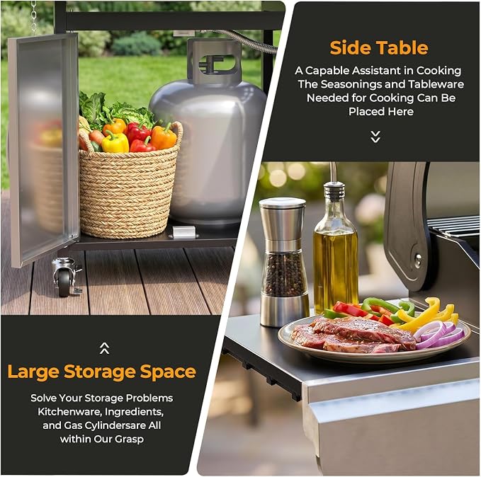 COWSAR 3-Burner Propane Gas Grill with Side Burner, 34,000 BTU Stainless Steel BBQ Grill, Porcelain-Enameled Cast Iron Grates, Outdoor Barbecue Grill for Patio & Garden