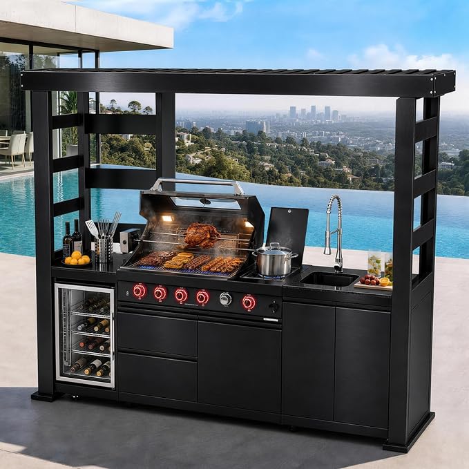 110.7" 4-Burner Modular Outdoor Kitchen Island, 72000 BTU Propane Gas Grill | Side Stove, Rear Infrared, Galvanized Steel Roof, Granite Countertop, Fridge, 360° Pull-Out Faucet,304 Sink, Rotisserie
