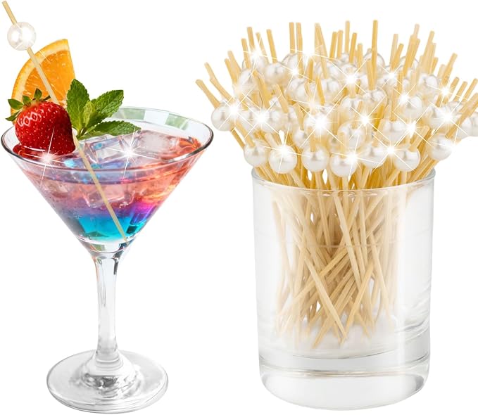 100 Pcs Cocktail Picks, Decorative Pearl Toothpicks, for Holiday Valentines Day Theme Party Wooden Long Cocktail Sticks Appetizers Fruits Drink Garnish Decorations Party Supplies (4.7 Inch)