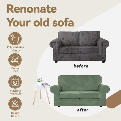 WEERRW Velvet Stretch 3 Pieces Couch Cover for Sofa Washable, Greyish Green | Love Seat Couch Covers for 2 Cushion Couch Sofa Furniture Protector slipcoves with Elastic Bottom for Kids, Medium