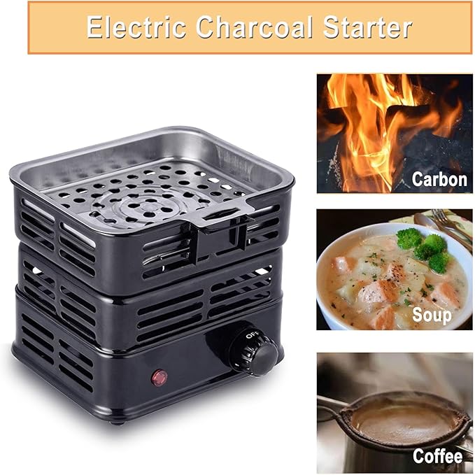 3D Multipurpose Turbo Coal Burner,Multipurpose Electric Charcoal Burner Coconut Charcoal Starter Heating Zones with Stainless Detachable Tongs, 1000W High Power Cube Coil Burner Fire Starter,Black